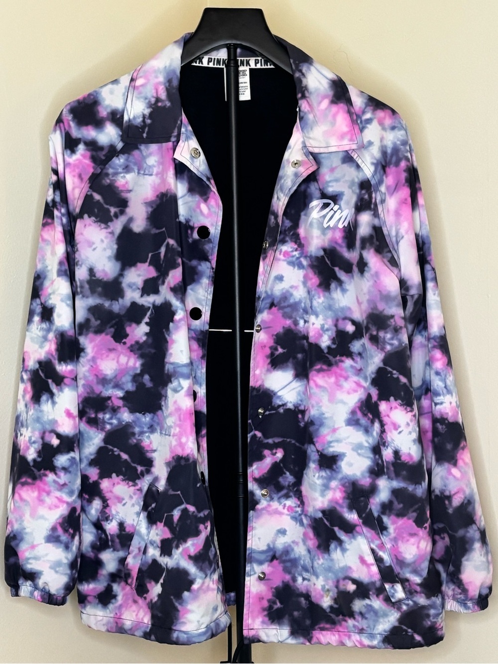 Victoria's Secret PINK Tie-Dye Snap Front Coaches Jacket - Pink, Navy, and White - Picture 3 of 6